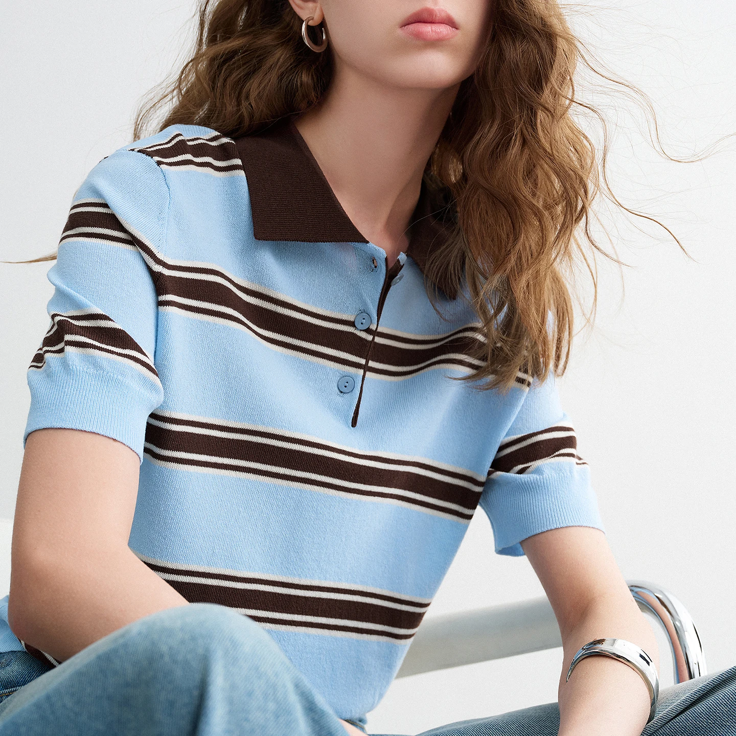 Women's Striped Polo Shirt - Breathable Comfort Knit Top