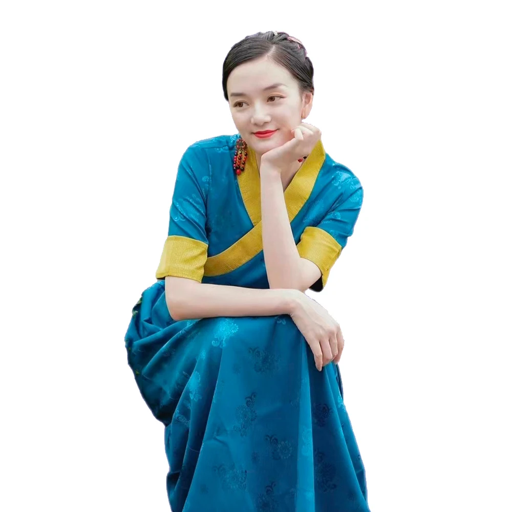 

Азиатское тибетское платье в этническом стиле с коротким рукавом, женская летняя одежда, шелковое платье, женский халат