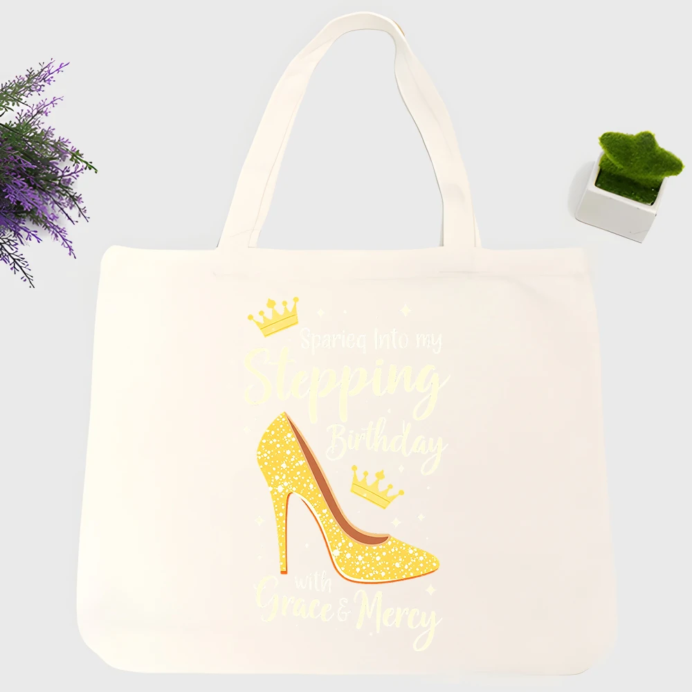 Wohigh heel graphic canvas tote bag with typography print, perfect for birthday celebrations and casual outings