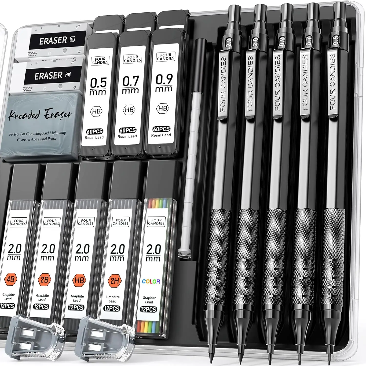 

Metal Mechanical Pencil Set, 5 Pcs 0.5/0.7/0.9/2mm & 420 Leads, Drafting Drawing Sketching, Black