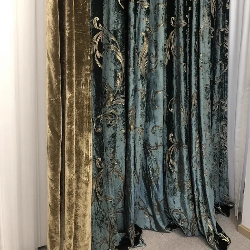 Zasłony w stylu retro amerykańskim, z prawdziwego zielonego aksamitu, żakardowe, łączone, do salonu, sypialni, na balkon, do willi, produkty na zamówienie.