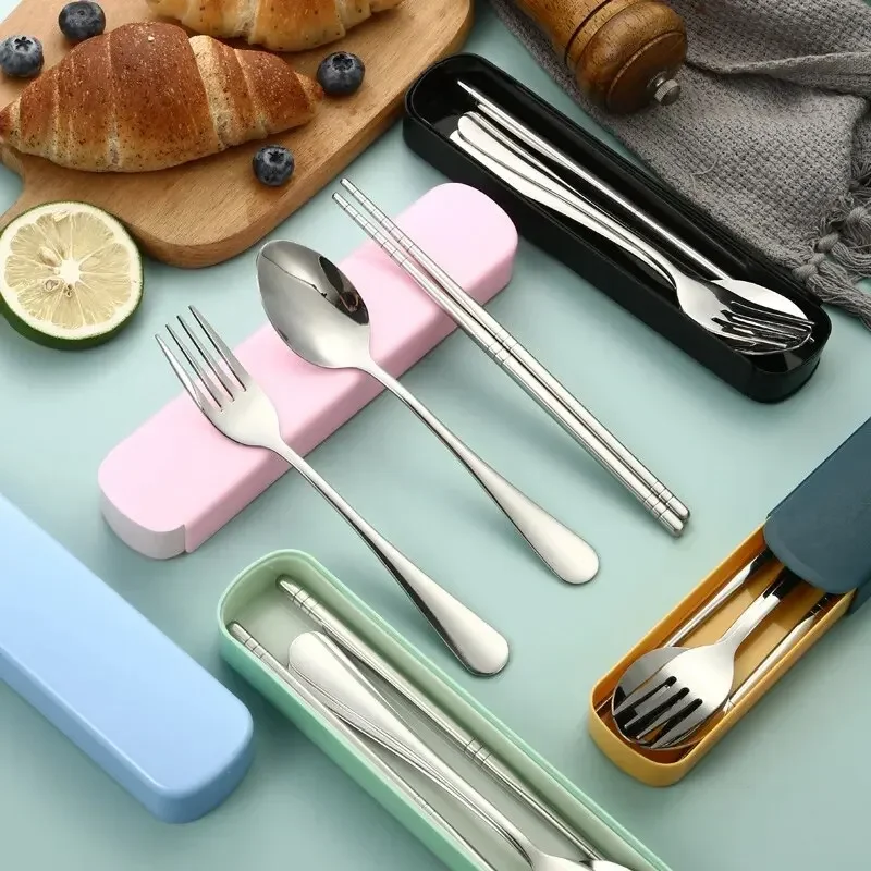 1set Haushalt Edelstahl Tragbare Geschirr Stäbchen Löffel Gabeln Zwei/Drei Stück Set mit Box