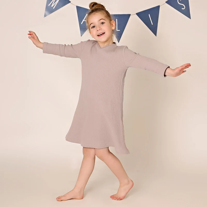 Multi-season long dress for girls v neck dresses long sleeves family pajamas set kids clothes knit ribbed material