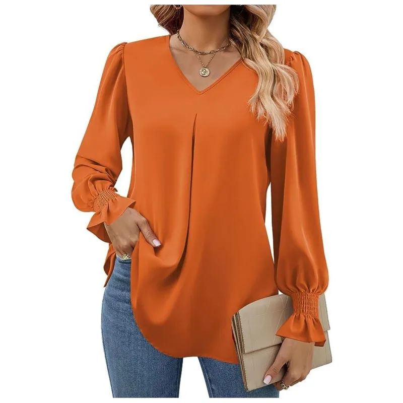 Women\'s New Solid Color Chiffon Shirt V-neck Pullover Flared Long Sleeved Shirt Pleated Orange Comfortable Casual Versatile Top