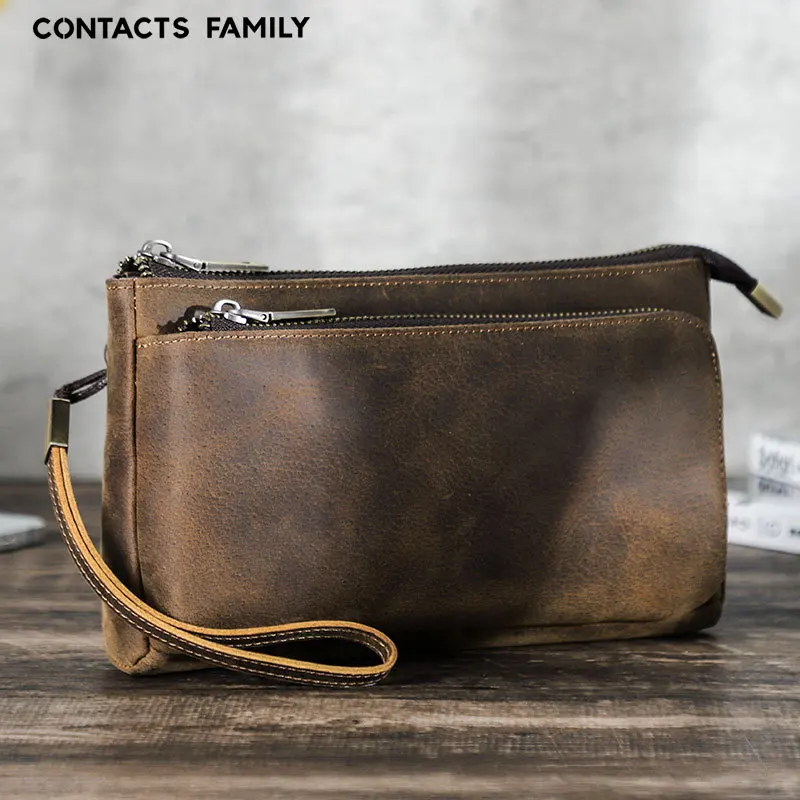 Brown black crazy horse leather handbag men's handmade large capacity portable zipper multifunctional wallet storage bag