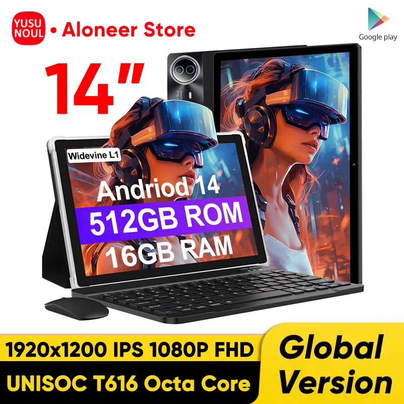 

Gobal Language New 14 inch 2 IN 1 tablet PC 2.5K Display Android 14 16GB+512GB 4G phone call GPS BT5.0 WiFi Google Play tablet