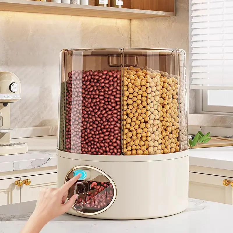 6 Grid Rice and Grain Storage Container 360° Rotating Food Dispenser Measuring Cylinder with Storage Sealed Lid Rice Dispenser