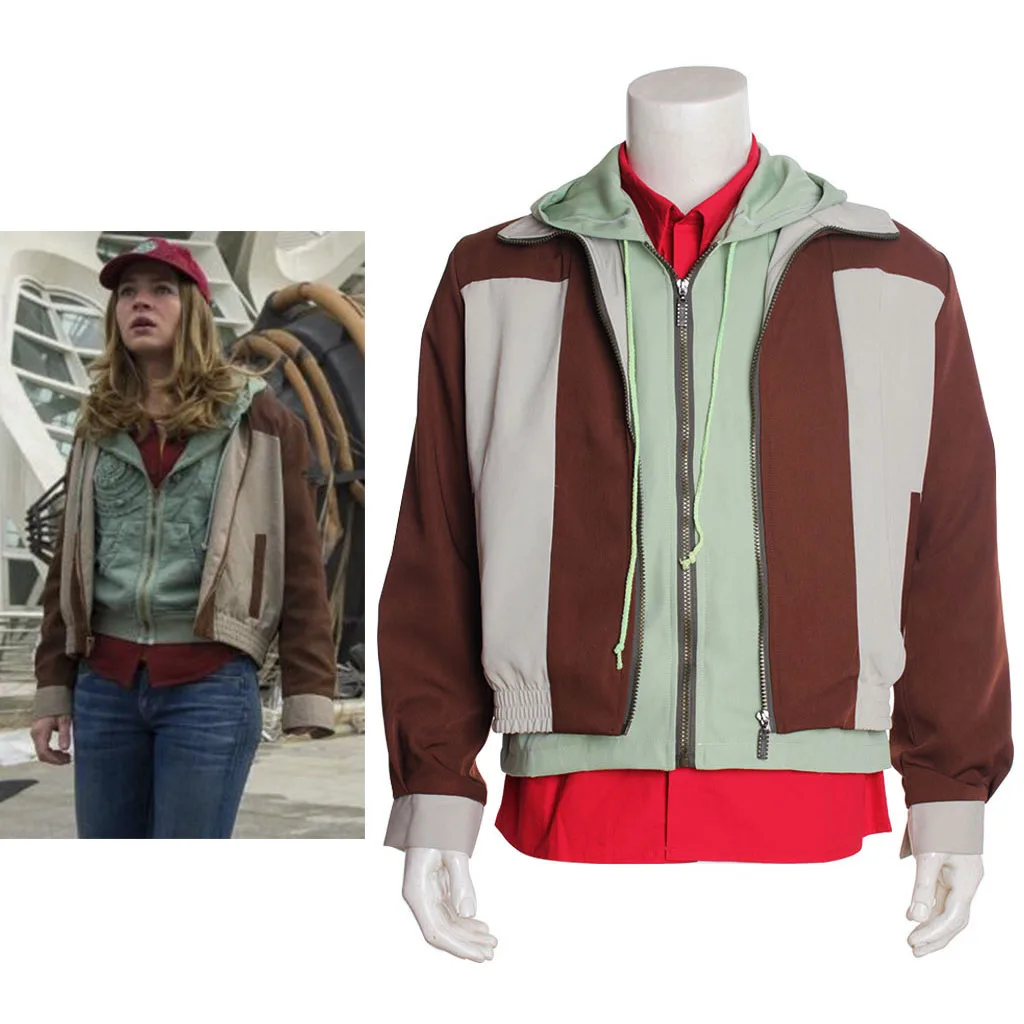 

Movie Casey Newton Cosplay Tomorrow Costume Women Retro Punk Hooded Coat with Red Shirt Halloween Carnival Party Streetwear