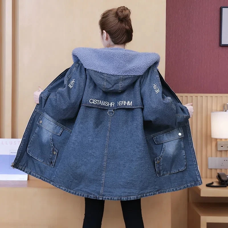 

Plus Velet Denim Cotton Coat Women's Long Winter Denim Jacket 2023 New Loose Imitation Lamb Wool Coat Thicken Warm Cotton Coat