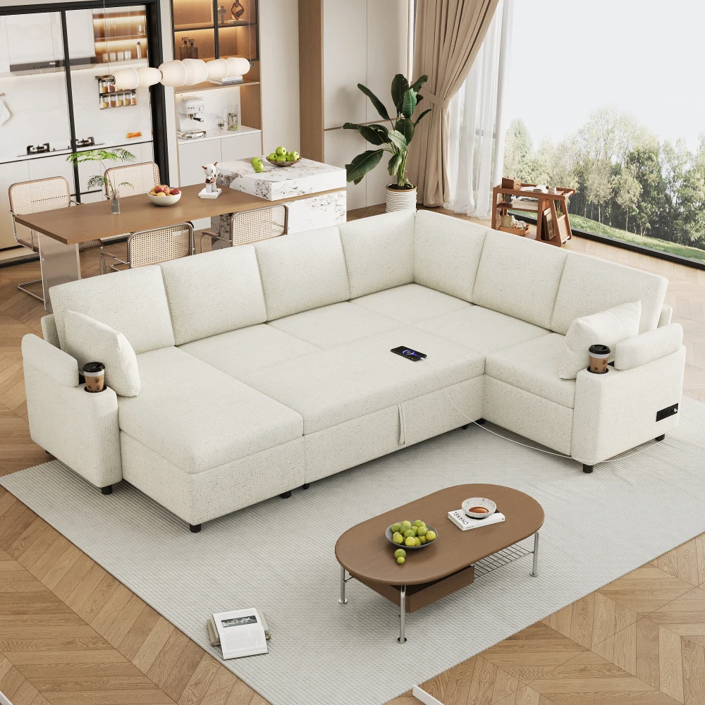 

109.9" Sectional Sofa Bed,U-shaped,Storage,2 Cup Holders&Charging Ports,Beige Living Room