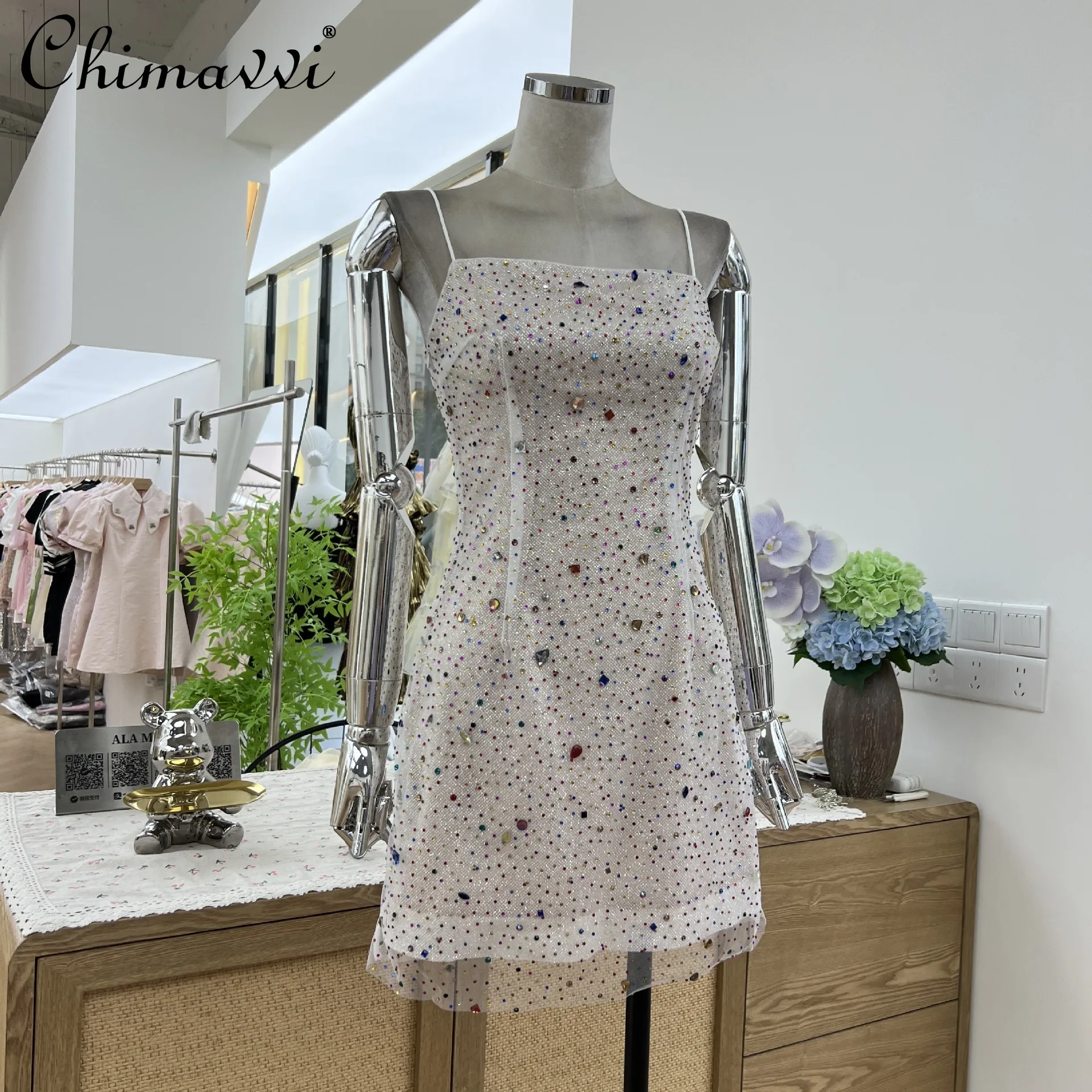 

American Elegant Sexy Colorful Diamond Sleeveless Backless High Waist A-line Slim Mesh Splicing Suspender Short Dress Women 2025