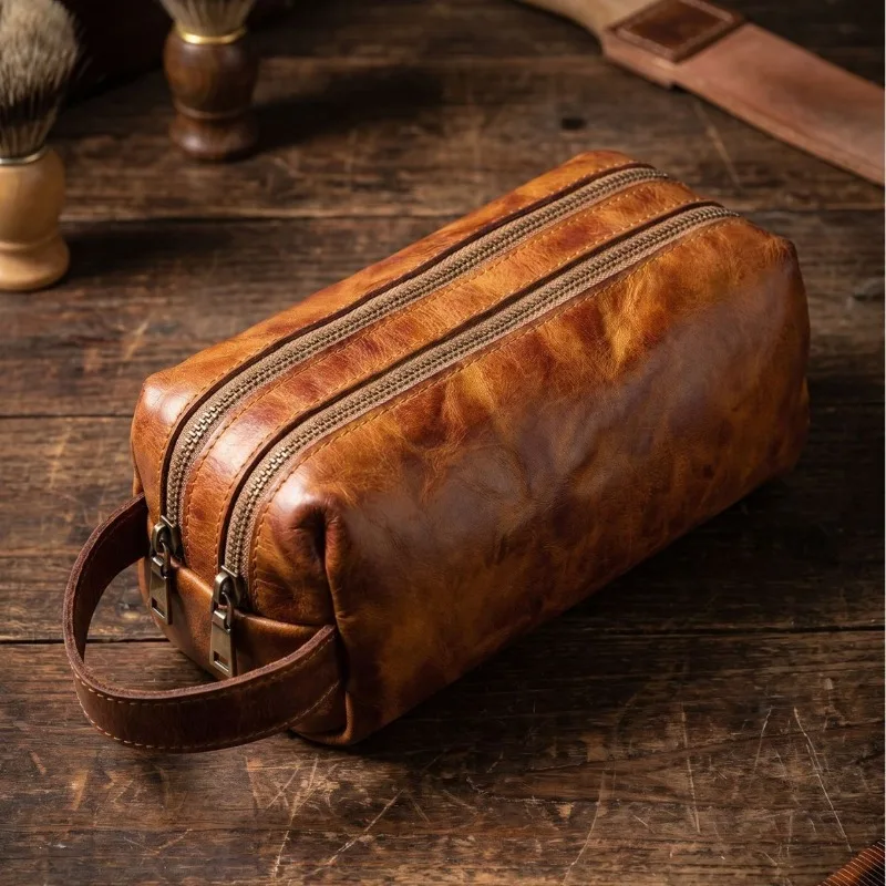 Vintage Leather Travel Toiletry Bag, Portable Dopp Kit with Handle,Water-Resistant Cosmetic Organizer Bag for Travel & Daily Use