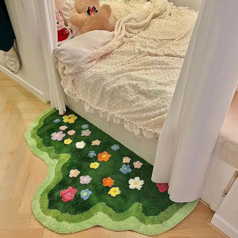 Soft Green Lawn and Flowers Bedroom Carpet Cute Children\'s Bedside Rug Kids Non-Slip Baby Playmats Floor Mat Living Room Mats