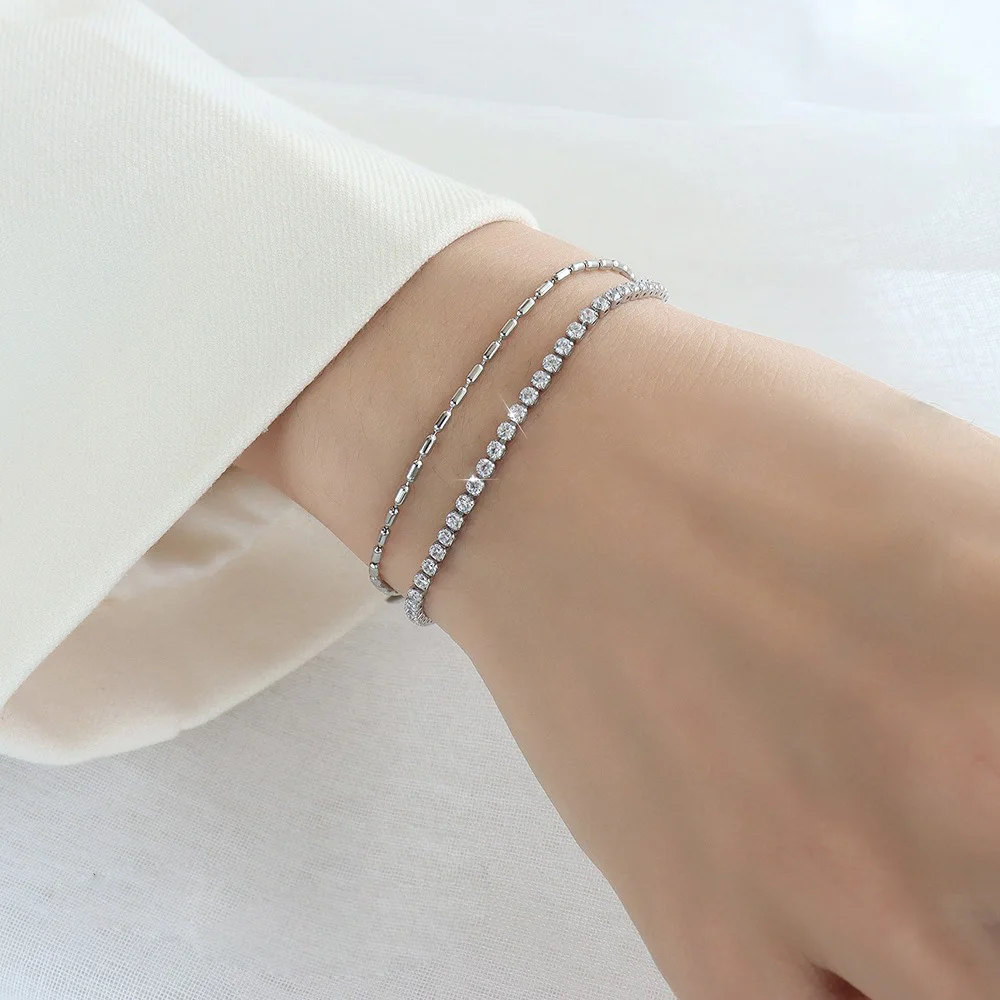 

Korean Style Double Layer Zircon Bracelet for Women Titanium Steel 18K Gold Plated Adjustable Fashion Daily Jewelry