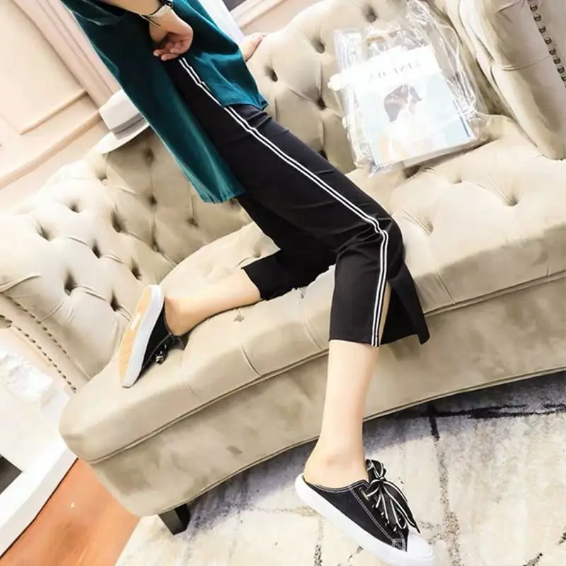 Summer Thin New Calf-Length Pants Slim Irregular Flare Femme Oversized Simplicity Solid Color Elastic Waist Trousers Women\'s