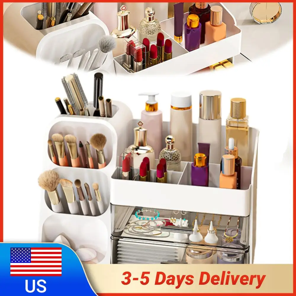 

Пластиковый настольный органайзер для косметики, пылезащитный футляр для хранения косметики, подставка для помады и кистей для макияжа