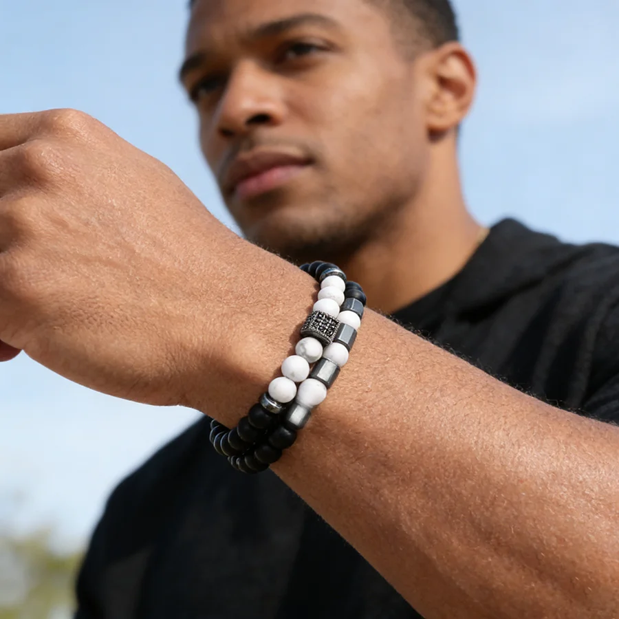Fashion Men Bracelet Set 2Pcs 5 Types Of Stones Beaded Braslet Cubic Zirconia Charm Braclet Street Cool Riding Accessories Homme