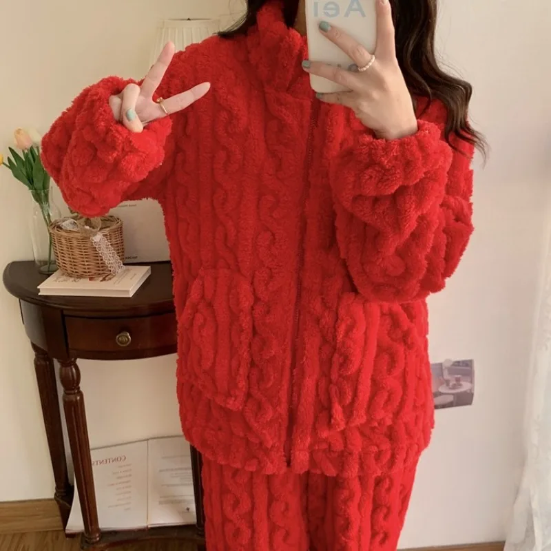 Flannel Pajamas Set Autumn Winter Female Sleepwear Trouser Suit Thicken Coral Fleece High Collar Lounge Wear Soft Warm Homewear