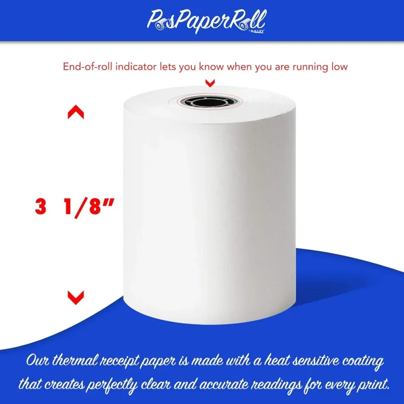 3 1/8 x 230 Thermal Paper Receipt Rolls (50 GSM - Solid Core) Fits All POS Cash Registers Printers, Clover Square Stations,