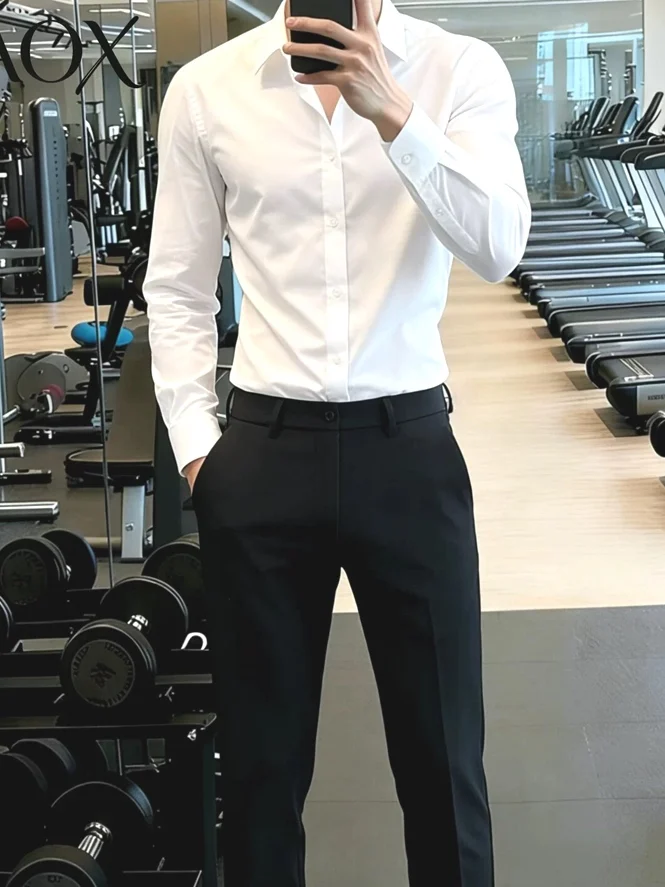 Premium Feel Iron Free Shirt Set Men's Ice Silk Four Way Stretch Long Sleeve Casual Workwear West Pants Long Pants Two Piece Set