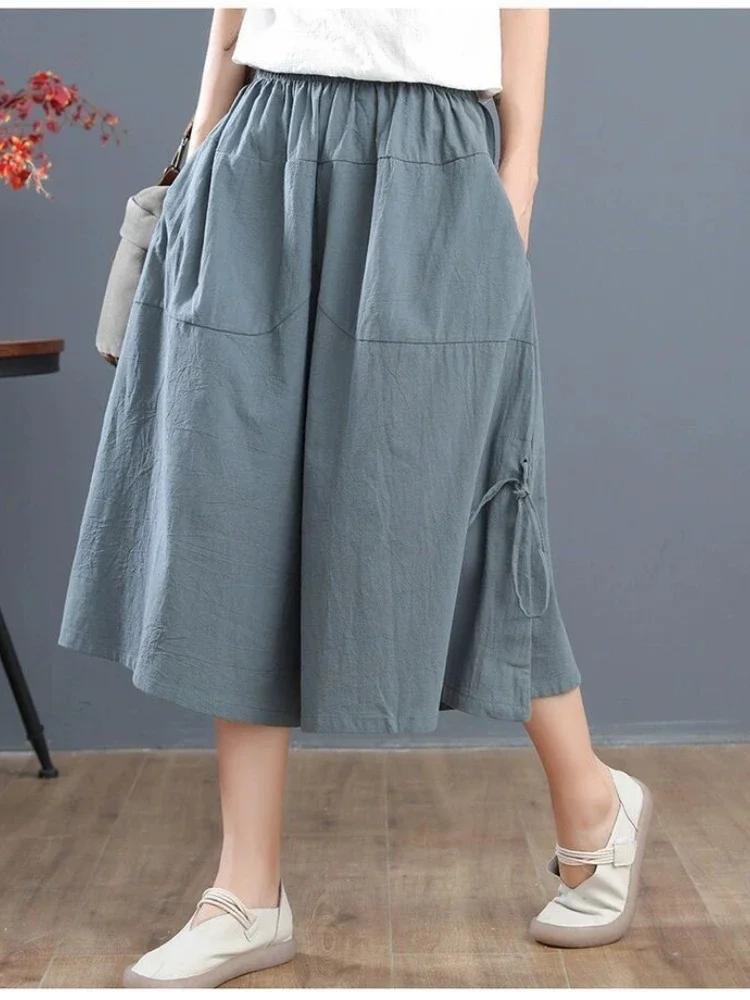 

Summer Loose Bloomers Casual Elastic Waist Wide Leg Pants Large Size Middle Waisted Solid Color Culottes Cropped Trousers A268