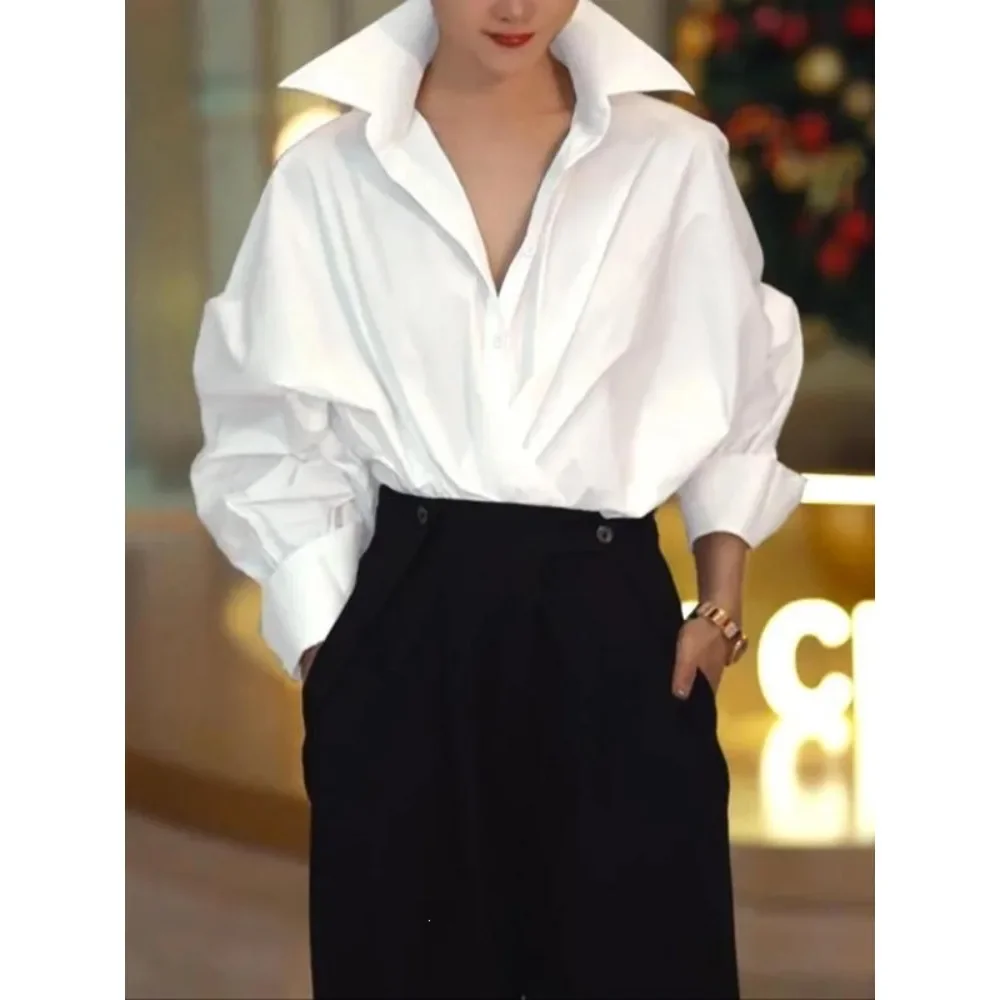 Women Classic Lapel White Shirt Button Down Long Sleeve Office Daily Casual Streetwear Chic Minimalist Basic Top New