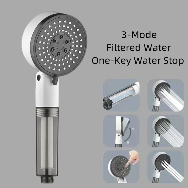 

Good Quality Bathroom Shower Hea Stop Button Black High Pressure ShowerHeads Water Saving Filter Showers Bathroom Accessories