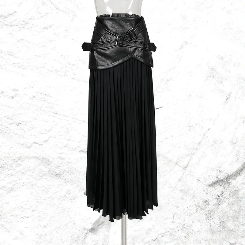 HKSH Spring Autumn New Women's Skirt PU Leather Patchwork Pleated Sheer Mesh Versatile Dark Trendy Streetwear Y2K Skirts HK14762