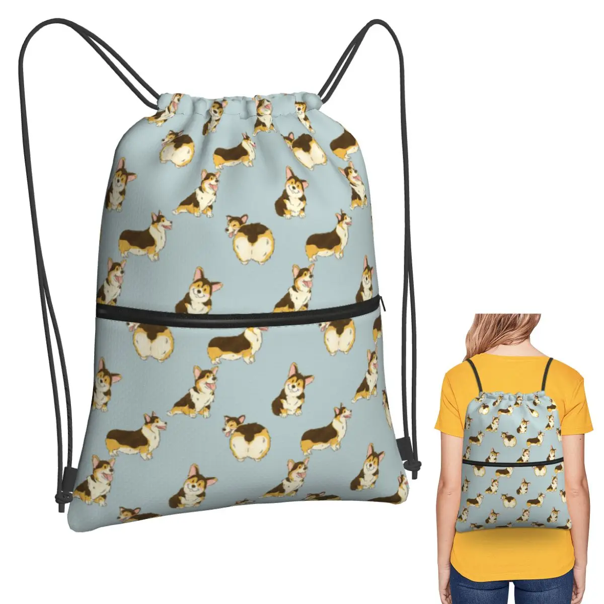 

Tri Color Corgi Dog Backpacks Fashion Drawstring Bundle Pocket Sports Bag Book Bags for Man Woman School