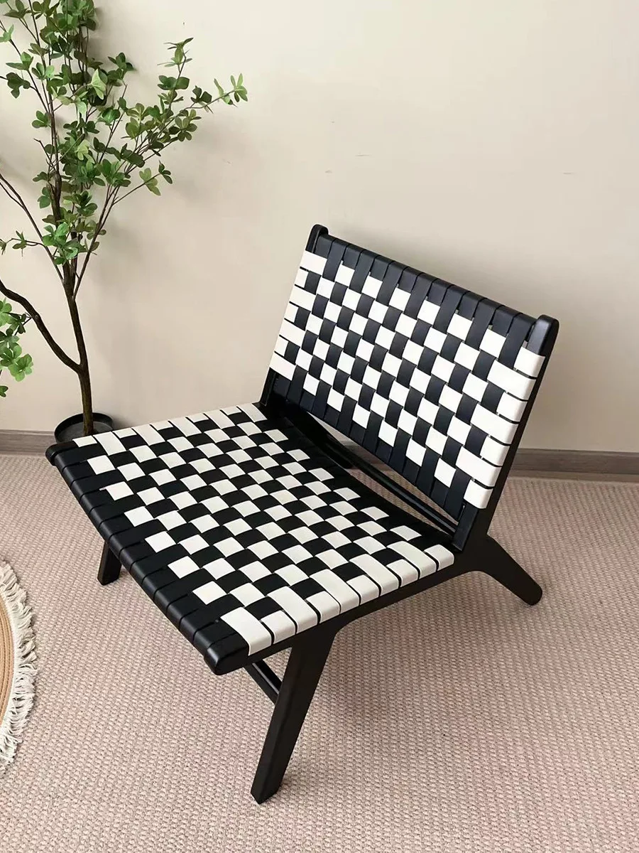 

Designer saddle leather single solid wood leisure reclining chair lazy sofa small apartment living room balcony home