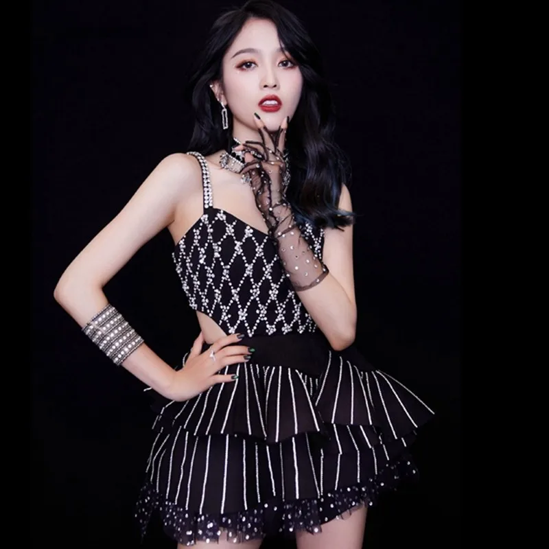 

Shiny Rhinestone Strap Wrapped Chest Sexy Puffy Short Skirt Nightclub Bar DJ Female Singer Stage Dress Dancer Performance Dress