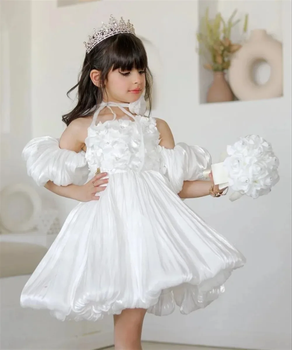 Abito da sposa corto di lusso per ragazza di fiori con applicazioni di fiori, perle, maniche a sbuffo, abito da festa di compleanno per bambini personalizzato