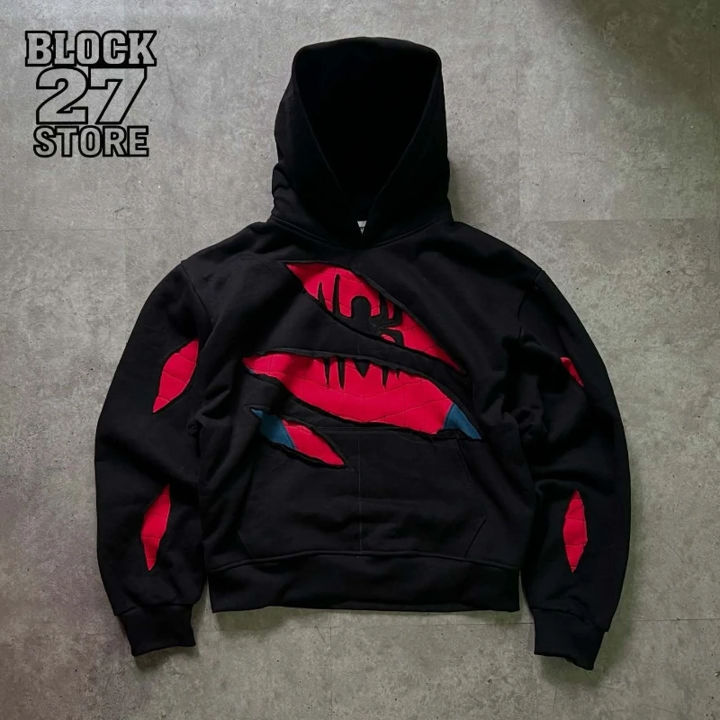 

Mens Hoodie American Retro Spider Patchwork Zip Up Sweatshirt Harajuku Unisex Oversized Loose Fit Gothic Y2K Streetwear Fashion