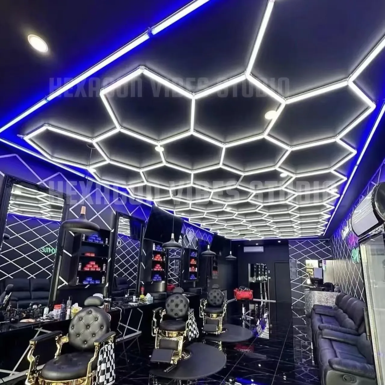 Professional Barbershop LED Ceiling Light with Blue Border Hexagon Garage Lights 110V-240V  Honeycomb LED Tube Lighting For Gym