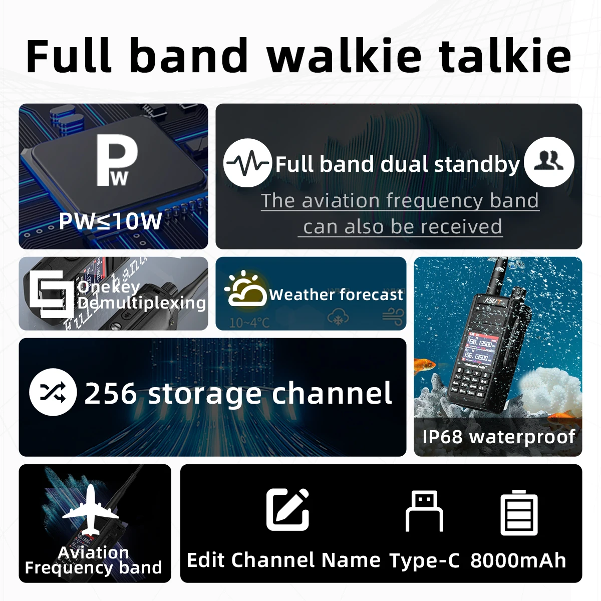 KSUT-Walkie Talkie de Longo Alcance, Impermeável, IP68, UHF, VHF, Transceiver FM, Comunicação, Dispositivo Sem Fio, Rádio em Dois Sentidos, 10W, UV65P