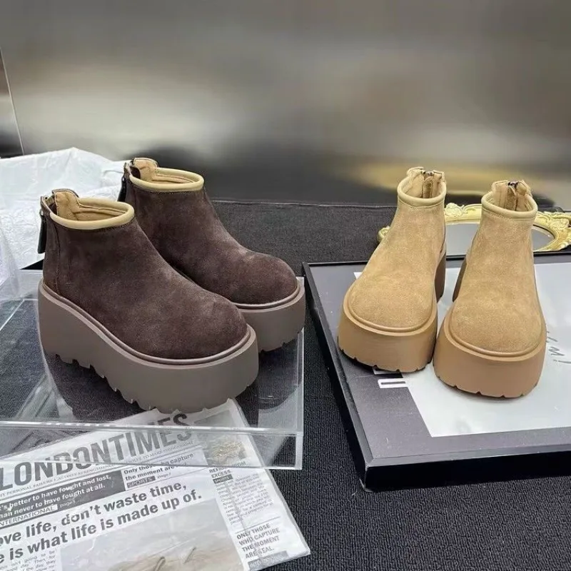 Sepatu bot salju Ankle Suede sapi, sepatu datar dengan ritsleting kualitas tinggi ujung bulat padat ringkas 2024