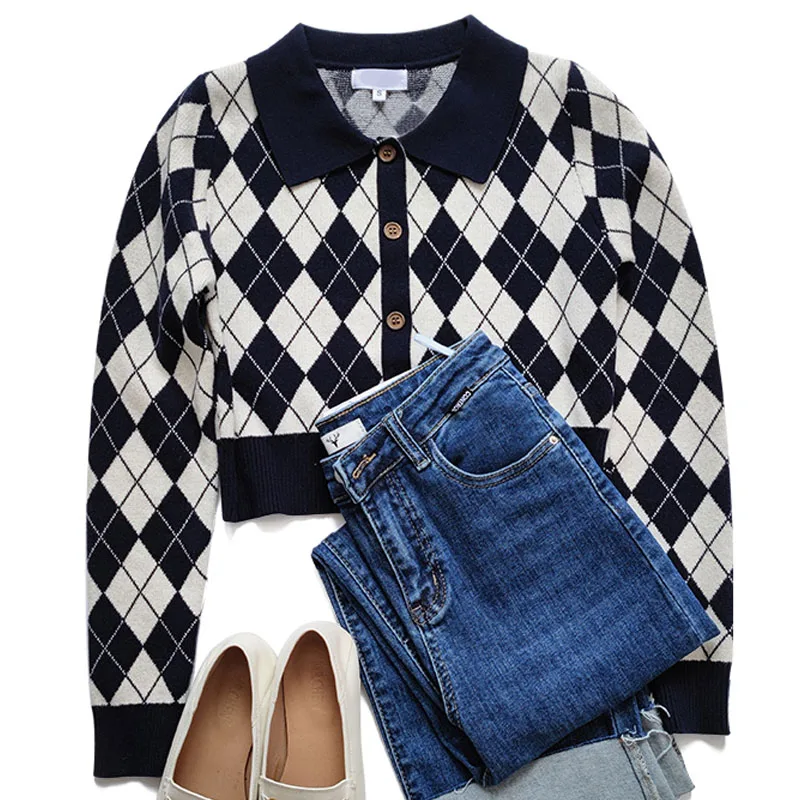 Suéter de punto para mujer, cárdigans nuevos de manga larga con cuello vuelto, suéter de punto a cuadros, cárdigan, Tops para mujer, suéteres, prendas de punto Q826