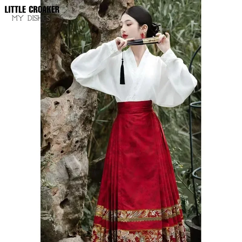 New Daily Hanfu Chinese Han Fu Skirt Red Commuting Improved Hanfu Women's Lace-up Horse Face Skirt Chinese Style Mamianqun Set