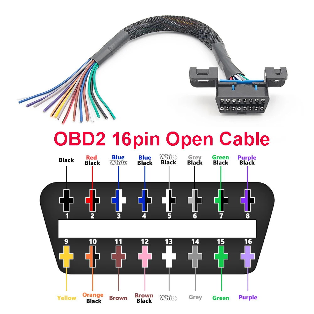 OBD2 16pin Open Cable 18AWG 30cm Colorful DIY Opening Line Adapter Female Connector to Open OBD Cable Fixed Terminal Extension
