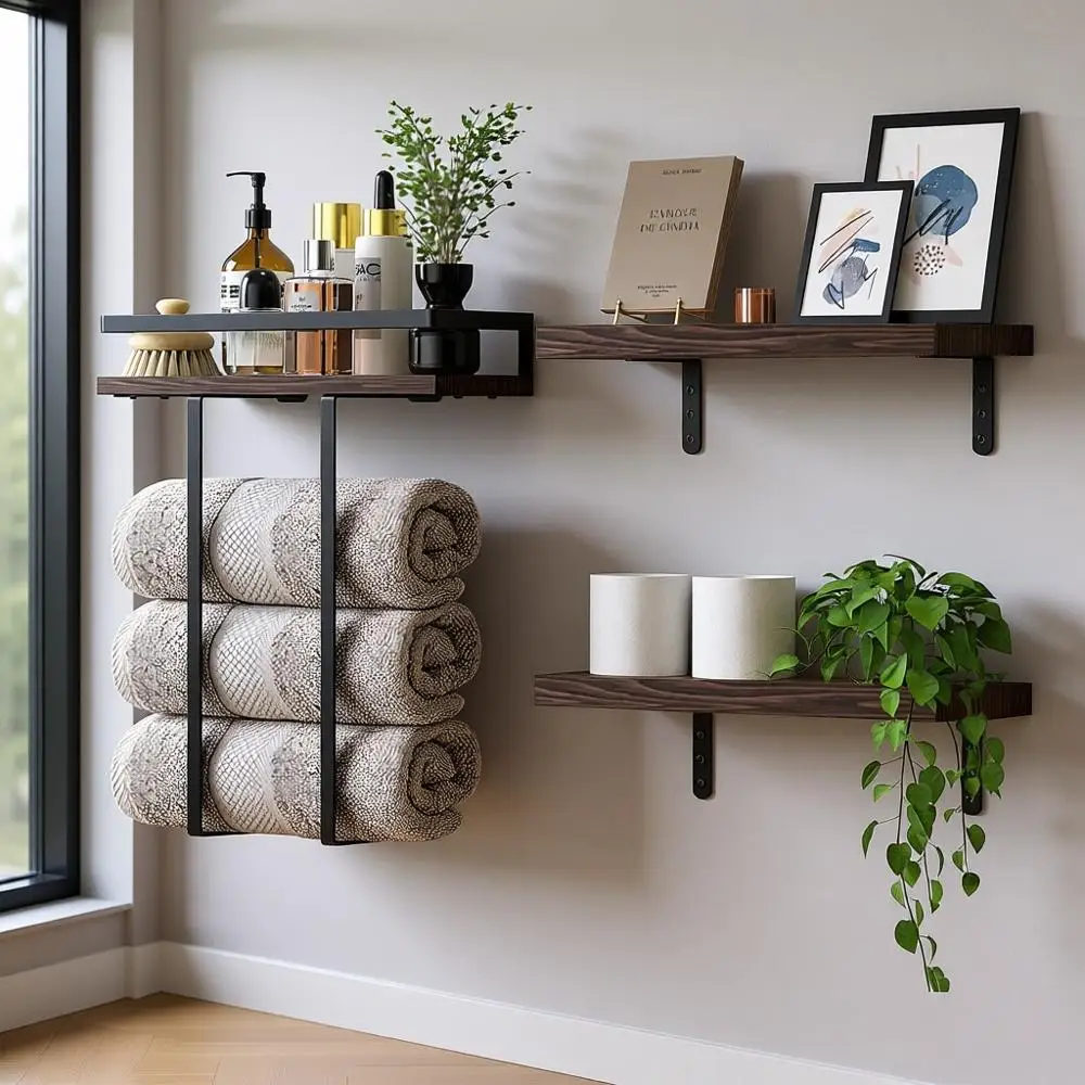 

16 Solid Wood Wall-Mounted Floating Shelves - Rustic Brown for Bathroom, Bedroom, Kitchen, and Living Room Organization