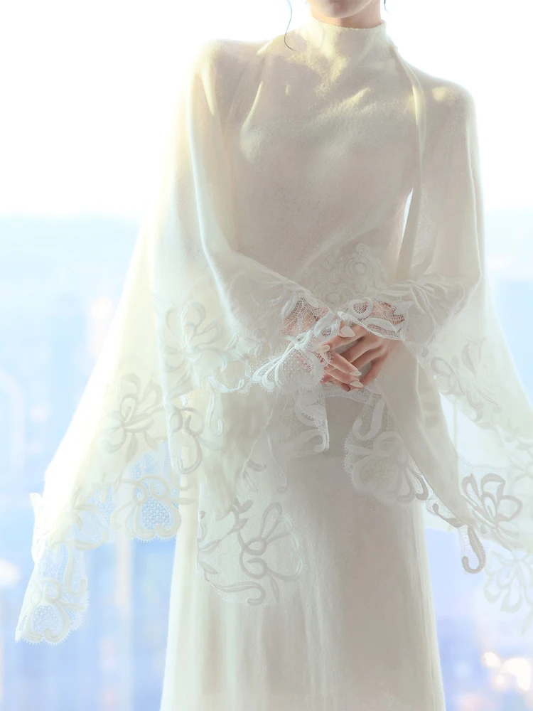 

Autumn Winter Luxury Lace Splicing Knitted Woolen Sweater Set with awl Vintage High Quali Women's Faion Sweet Sle