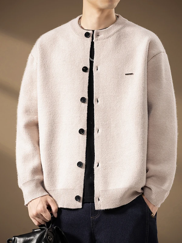 

Мужской вязаный кардиган-свитер с круглым вырезом, однотонный, универсальный, на пуговицах, повседневный, удобный крой, длинный рукав