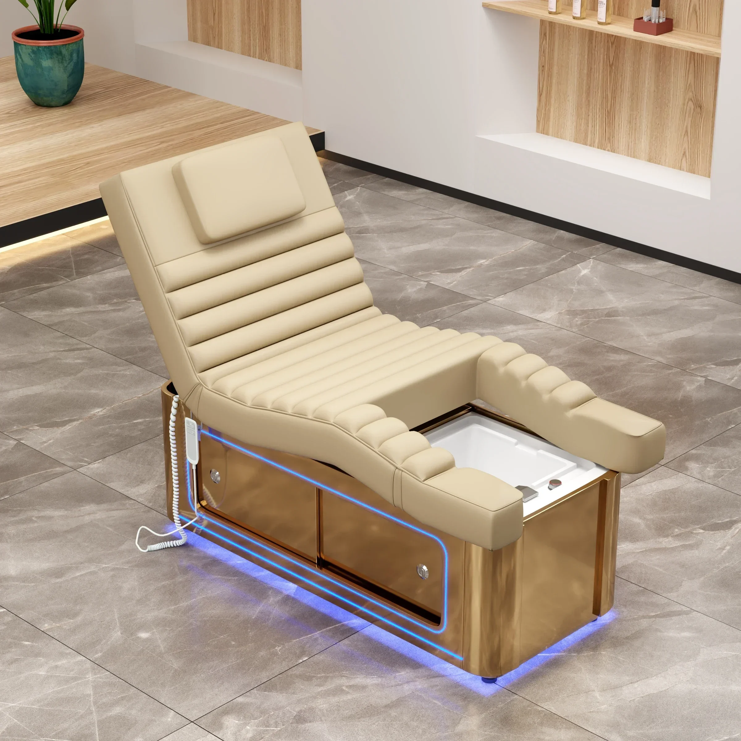 Newest Design LED Foot Spa Facial Bed Creamy Yellow Leather Beauty For Salon Beauty Facial Spa Massage Pedicure Beds