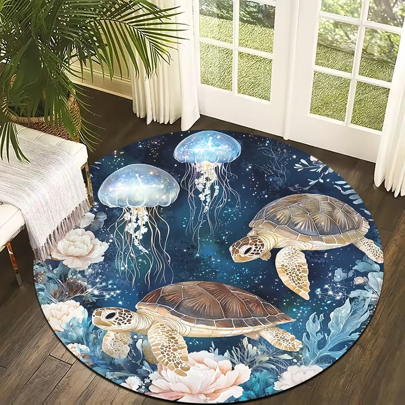 Blue Ocean Turtle Floral Round Carpet Marine Animal Print Soft Non Slip Circle Rug Coastal Nautical Decor Bedroom Living Room