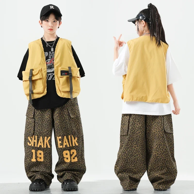Bambini Streetwear Ragazzi Hip Hop Gilet giallo Camicia Pantaloni cargo Ragazze Street Dance Jogging Set di vestiti Bambini Jazz Costumi viola