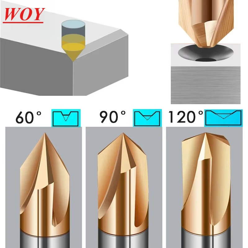 WOY Smusso Fresa In Metallo Duro Angolo Svasatore Smussatura Mulino Sbavatura Bordi V Grove Router 60 90 120 Gradi 2 3 Flauti