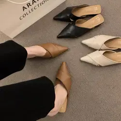 Cover Toe Mules For Women 2024 Female Shoes Slippers Casual Slides Low Pointed New Luxury Rome Basic Fabric Hoof Heels PU