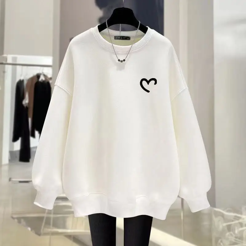 Women\'s Solid Color Pullover Round Neck Printing Love Long Sleeve Hoodies Autumn and Winter 2023 New Loose Fashion Casual Tops