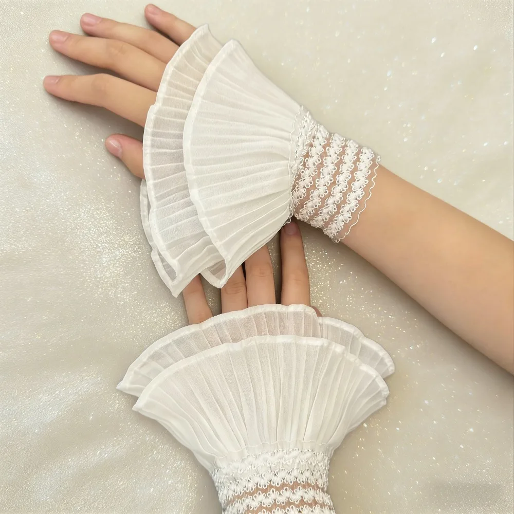 

Female Sweater Fake Sleeves Hollow Out Crochet Floral Lace Horn Cuffs Embroidery Flounces Ruffles Elastic Wrist Warmers