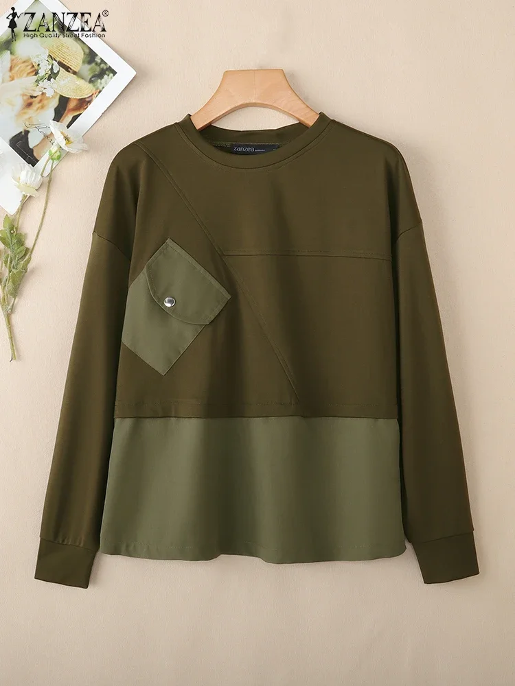 Solid Long Sleeve Sweatshirts Autumn Women Hoodies ZANZEA 2025 Fashion O-Neck Casual Loose Pullovers Patchwork Pockets Outwears - Image 5